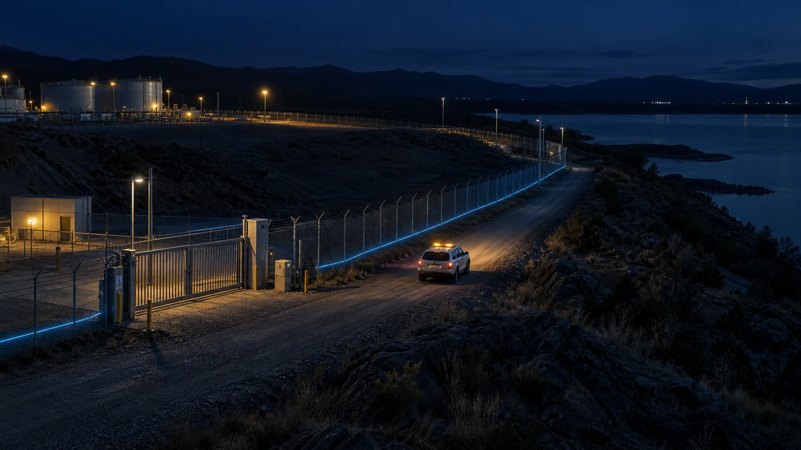 Patrol vehicle following a remote industrial security perimeter