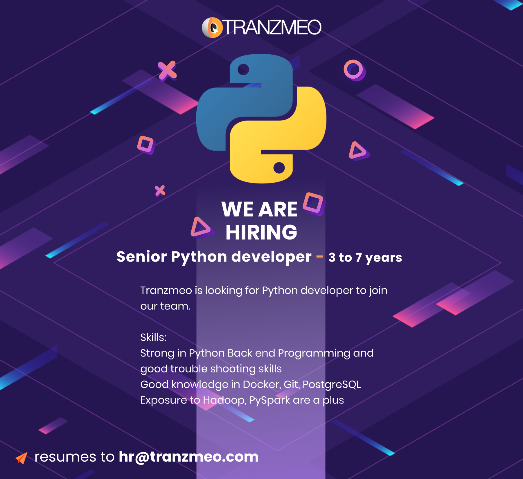 Senior Python Developer Immediate 3 7 Years Tranzmeo An Anomaly 